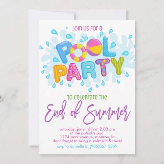 Zomer Pool Party, Einde van het schooljaar Party Kaart (Voorkant)