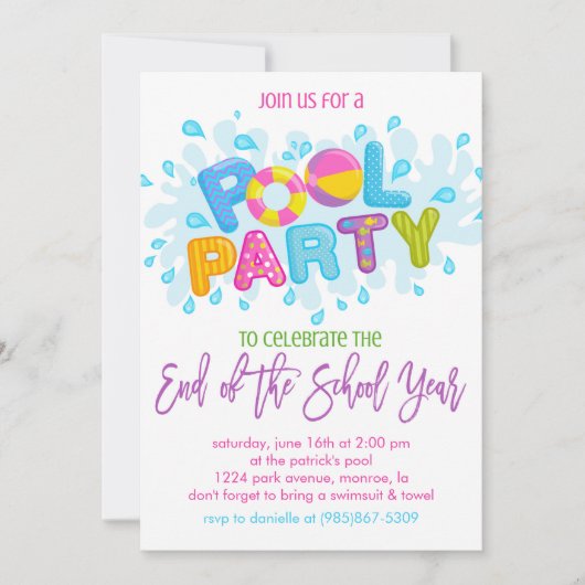 Zomer Pool Party, Einde van het schooljaar Party Kaart (Voorkant)
