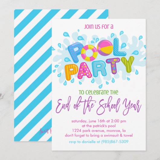 Zomer Pool Party, Einde van het schooljaar Party Kaart (Voorkant / Achterkant)