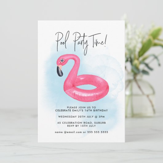 Zomer Pool Party Roze Flamingo Elke Leeftijd Verja Kaart (Staand voorkant)