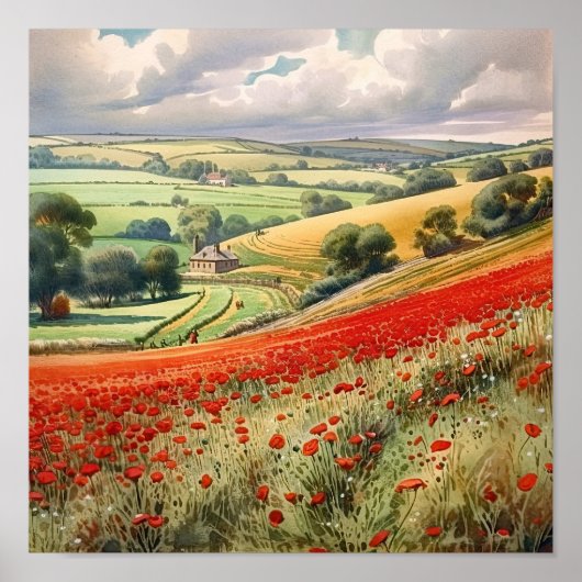 Zomer Poppy Field Landschap Poster (Voorkant)