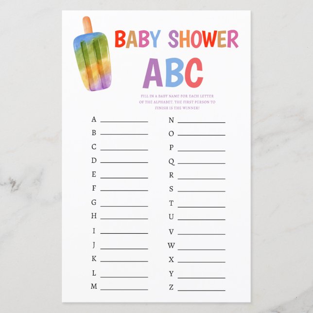 Zomer Popsicle Baby shower spel ABC (Voorkant)