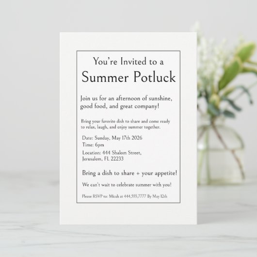 Zomer Potluck Feest, Modern Eenvoudig Minimaal Kaart (Staand voorkant)