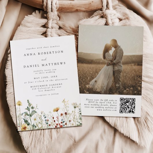 Zomer QR-code trouwfoto met wilde bloemen Kaart