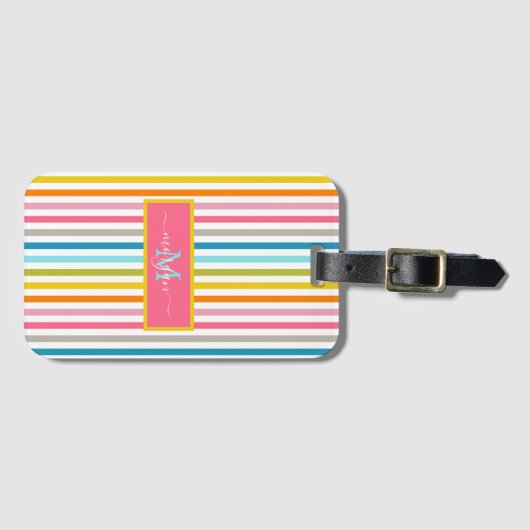 Zomer Rainbow Stripes Monogram Script Bagagelabel (Voorkant (horizontaal))