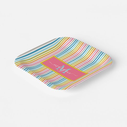 Zomer Rainbow Stripes Monogram Script Papieren Bordje (Gebogen)