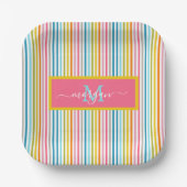 Zomer Rainbow Stripes Monogram Script Papieren Bordje (Voorkant)