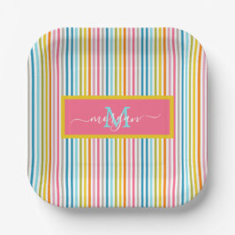 Zomer Rainbow Stripes Monogram Script Papieren Bordje