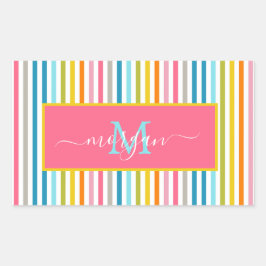 Zomer Rainbow Stripes Monogram Script Rechthoekige Sticker