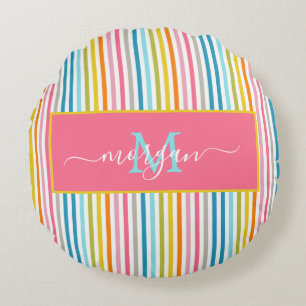 Zomer Rainbow Stripes Monogram Script Rond Kussen