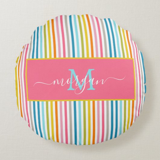 Zomer Rainbow Stripes Monogram Script Rond Kussen (Voorkant)