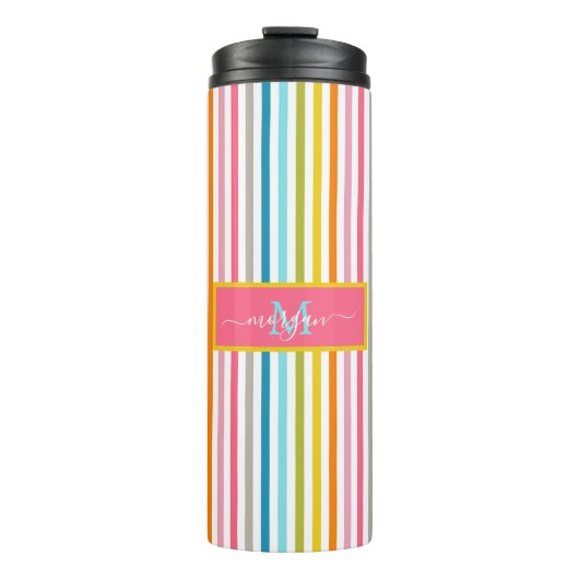Zomer Rainbow Stripes Monogram Script Thermosbeker (Voorkant)
