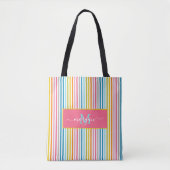 Zomer Rainbow Stripes Monogram Script Tote Bag (Voorkant)