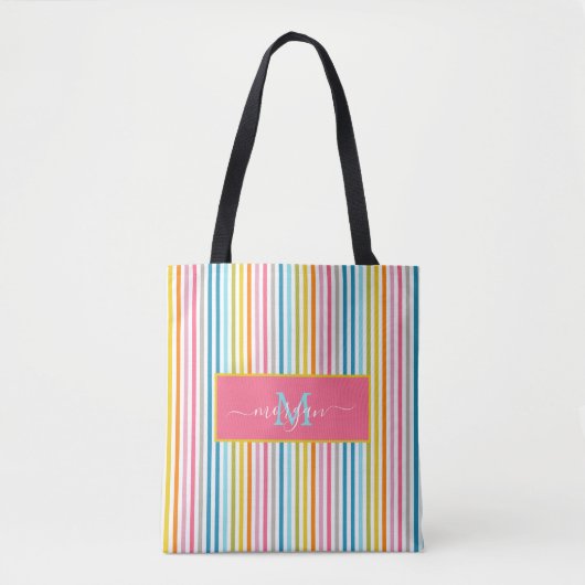 Zomer Rainbow Stripes Monogram Script Tote Bag (Voorkant)