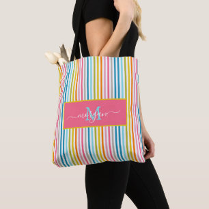 Zomer Rainbow Stripes Monogram Script Tote Bag