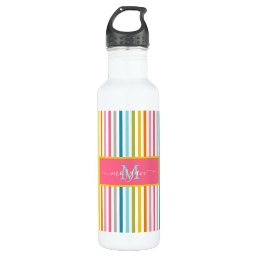 Zomer Rainbow Stripes Monogram Script Waterfles (Voorkant)