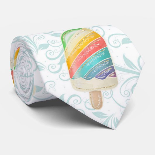 Zomer Regenboog Popsicle en Blauwgroen Swirls Stropdas (Opgerold)