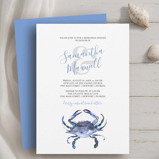 Zomer repetitie Diner Uitnodigingen Blue Crab (classy rehearsal dinner invitations with blue crab on a white background printable or printed cards)