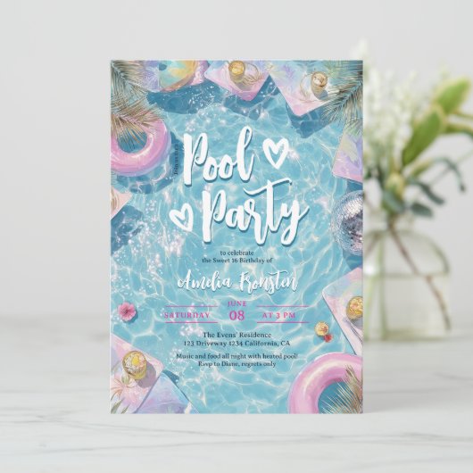 Zomer Retro Disco Sweet 16 Zwembad Vibes Feest Kaart (Staand voorkant)