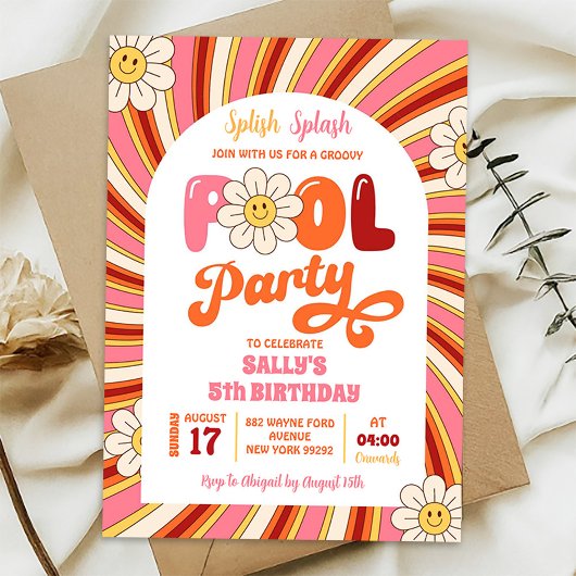 Zomer Retro Groovy Daisy Pool Party Verjaardag Kaart