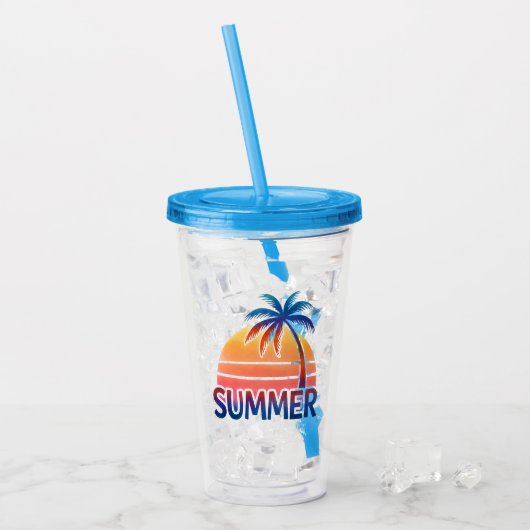 Zomer retro zonsondergang palmboom acryl drinkbeker (Voorkant ijs)