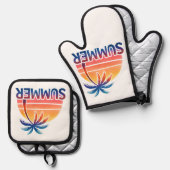 Zomer retro zonsondergang palmboom ovenwant & pannenlap set (Voorkant / Achterkant)