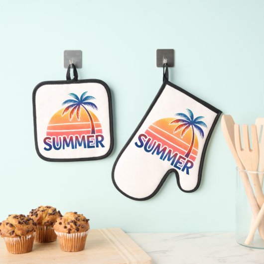 Zomer retro zonsondergang palmboom ovenwant & pannenlap set (Insitu(Ophanging))