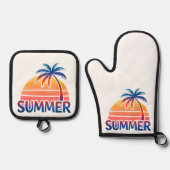 Zomer retro zonsondergang palmboom ovenwant & pannenlap set (Voorkant)