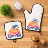 Zomer retro zonsondergang palmboom ovenwant & pannenlap set (Top down)
