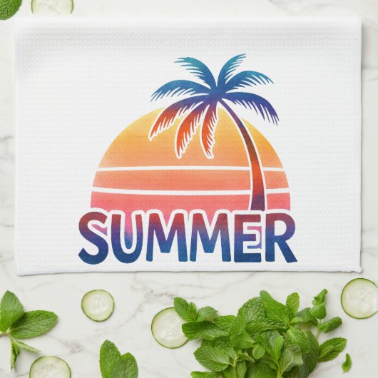 Zomer retro zonsondergang palmboom theedoek (Gevouwen)