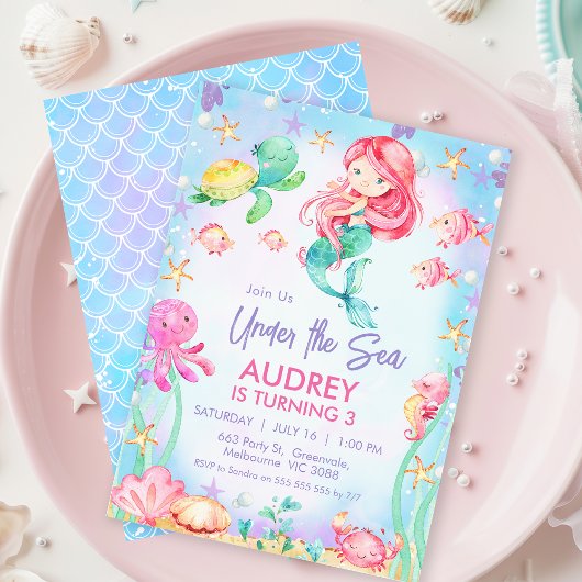 Zomer Rood Haar Zeemeermin Onder Het Zee Verjaarda Kaart