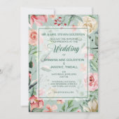 Zomer Roos Border Mint Groene bruiloft uitnodiging (Voorkant)