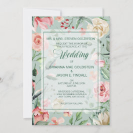 Zomer Roos Border Mint Groene bruiloft uitnodiging