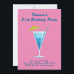 Zomer Roze 21ste verjaardag Uitnodiging<br><div class="desc">Deze kleurrijke, verjaardagsfeestuitnodiging is geaccentueerd met een leuke blauwe cocktail op een roze achtergrond, waardoor het perfect is voor de zomer, tropisch, luau of zwembad 21st Birthday Party. Het is gemakkelijk aan te passen met uw eigen gegevens en leeftijd; echter, als u hulp of extra coördinerende items nodig hebt, neem...</div>