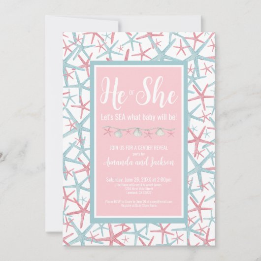 Zomer Roze Blauw Zij Geslacht Reveal Party Kaart (Voorkant)