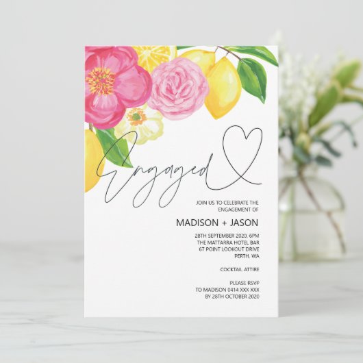 Zomer Roze Bloemen en Lemon Engagement Party Kaart (Staand voorkant)