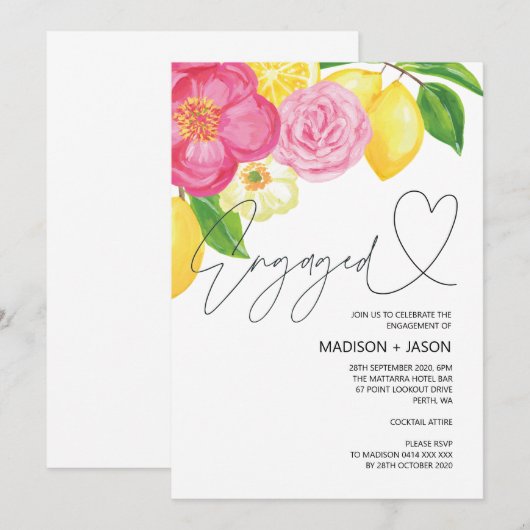 Zomer Roze Bloemen en Lemon Engagement Party Kaart (Voorkant / Achterkant)