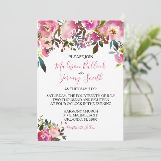 Zomer Roze Bloemen Huwelijksuitnodiging Kaart (Staand voorkant)