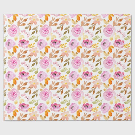 Zomer Roze Bloemen Waterverf Bloemenpatroon Cadeaupapier (Vlak)