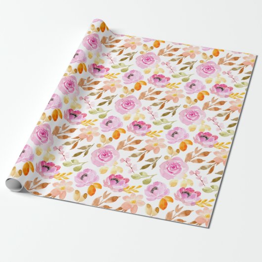 Zomer Roze Bloemen Waterverf Bloemenpatroon Cadeaupapier (Uitgerold)