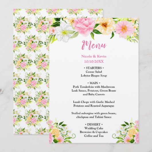 Zomer Roze en Gele Bloemen Bruiloft Menu (Voorkant / Achterkant)