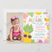 Zomer Roze Foto Ananas Aloha 1e Verjaardag Kaart (Voorkant)