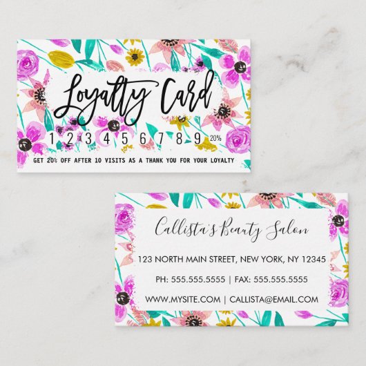 Zomer Roze Geel Bloemen Waterverf Loyaliteit Klantenkaartje (Voorkant / Achterkant)