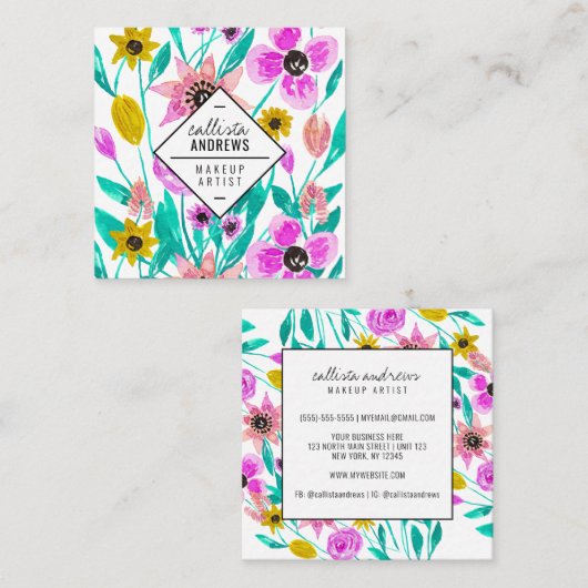 Zomer Roze Gele Bloemen Waterverf Make-up Vierkante Visitekaartje (Voorkant / Achterkant)