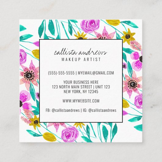 Zomer Roze Gele Bloemen Waterverf Make-up Vierkante Visitekaartje (Achterkant)