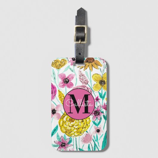 Zomer Roze Gele Bloemen Waterverf Monogram Bagagelabel (Voorkant (verticaal))