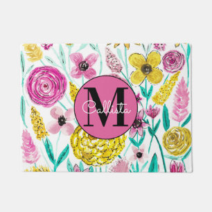 Zomer Roze Gele Bloemen Waterverf Monogram Deurmat
