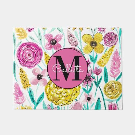 Zomer Roze Gele Bloemen Waterverf Monogram Deurmat (Voorkant)