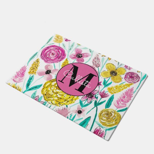 Zomer Roze Gele Bloemen Waterverf Monogram Deurmat (Schuin)