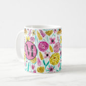 Zomer Roze Gele Bloemen Waterverf Monogram Koffiemok (Voorkant links)